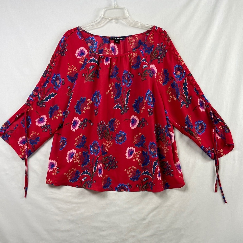 Zac & Rachel Blouse Women XL Red Floral 3/4 Sleeve Button Detail Tie Cuff Top